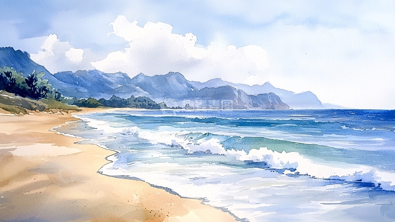 高清大图下载【趣麦麦图】水彩海滩山脉风景画