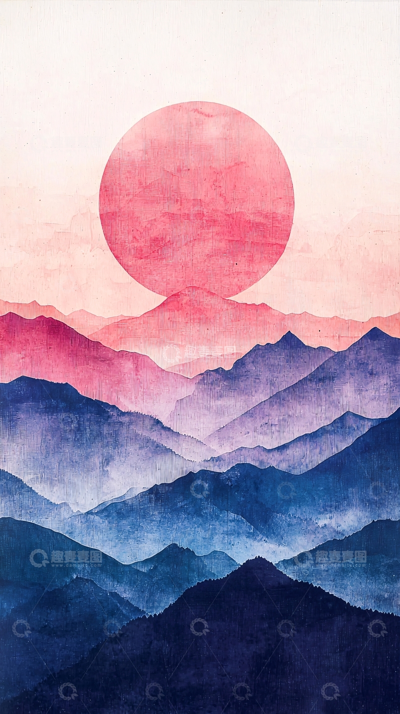 高清大图下载【趣麦麦图】粉色日出山脉水彩画