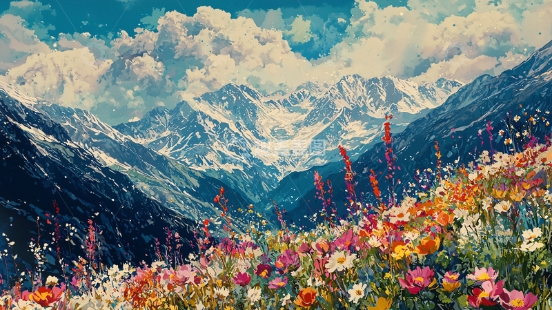 高清大图下载【趣麦麦图】雪山野花盛开景色