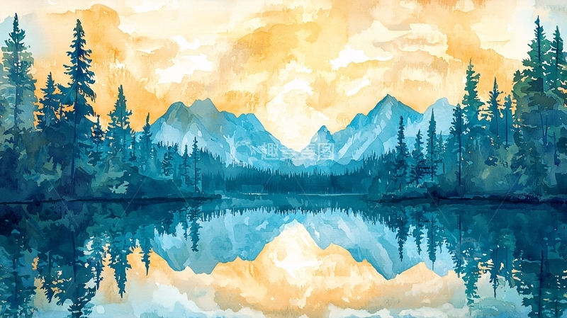 高清大图下载【趣麦麦图】水彩画湖光山色