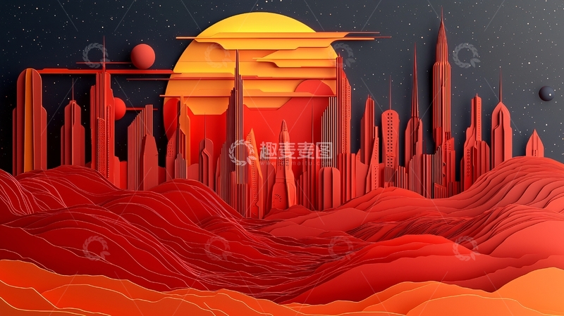 高清大图下载【趣麦麦图】红色未来城市剪纸艺术