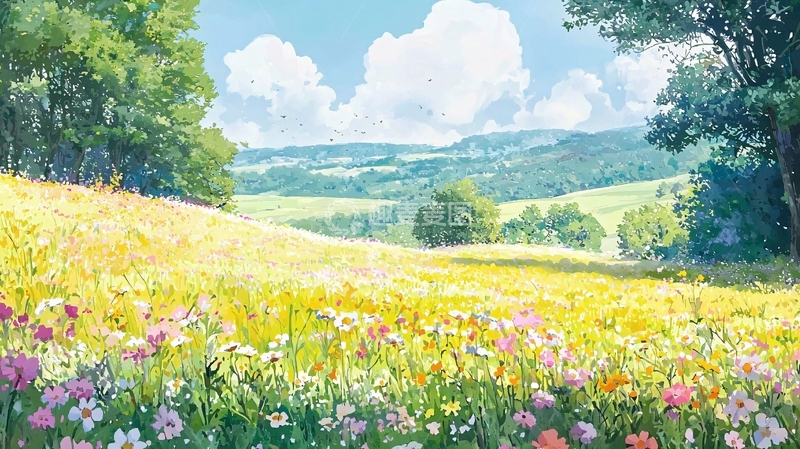 高清大图下载【趣麦麦图】阳光明媚的野花田园风光