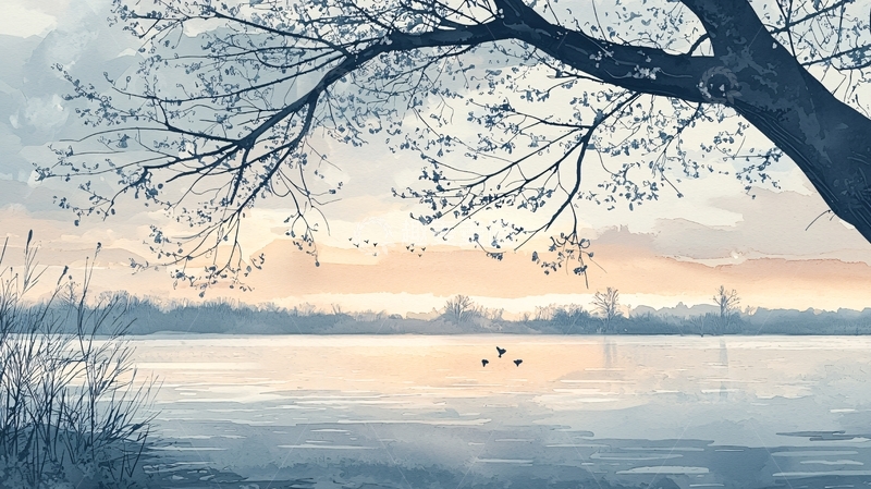 高清大图下载【趣麦麦图】湖边树枝下的日落