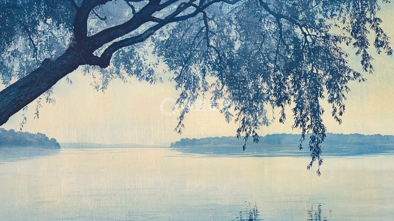 高清大图下载【趣麦麦图】蓝调湖景树枝垂柳