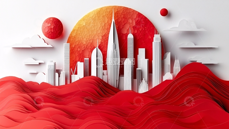 高清大图下载【趣麦麦图】红色波浪前的现代城市剪纸