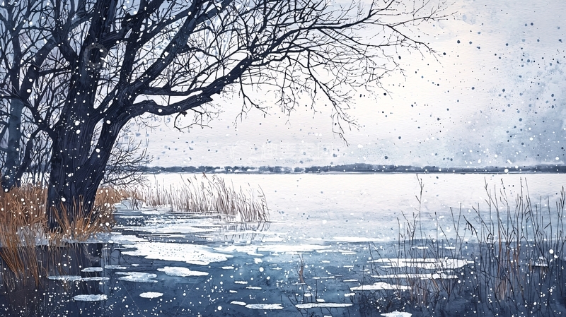 高清大图下载【趣麦麦图】冬日湖边树枝雪景