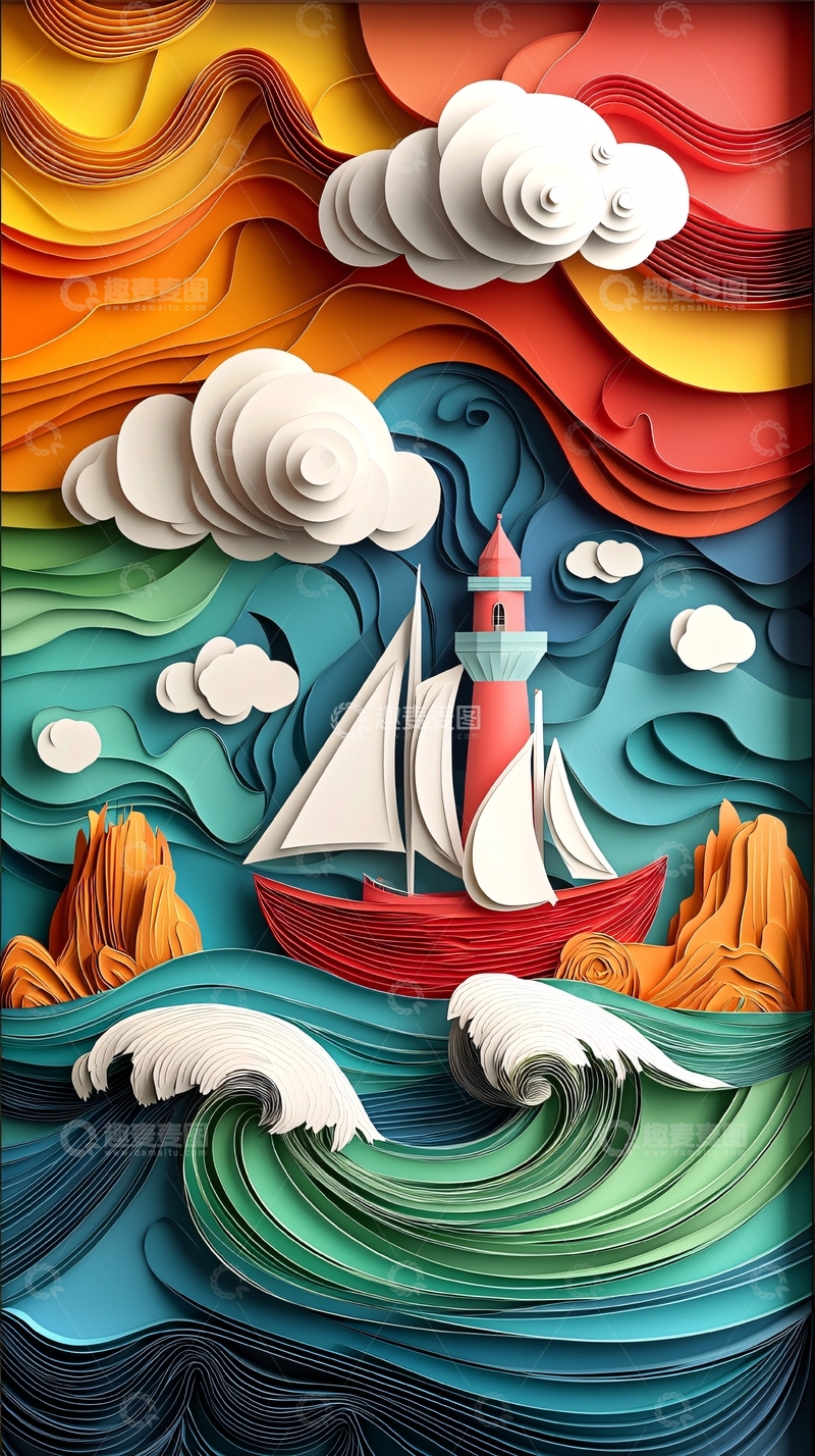 高清大图下载【趣麦麦图】纸艺帆船灯塔海浪云
