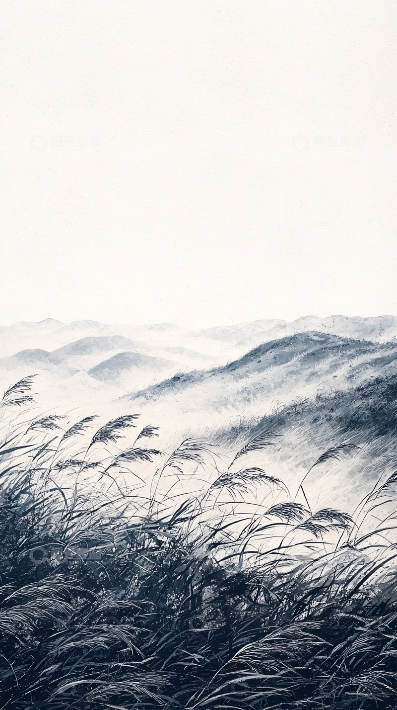 高清大图下载【趣麦麦图】雾气山峦芦苇