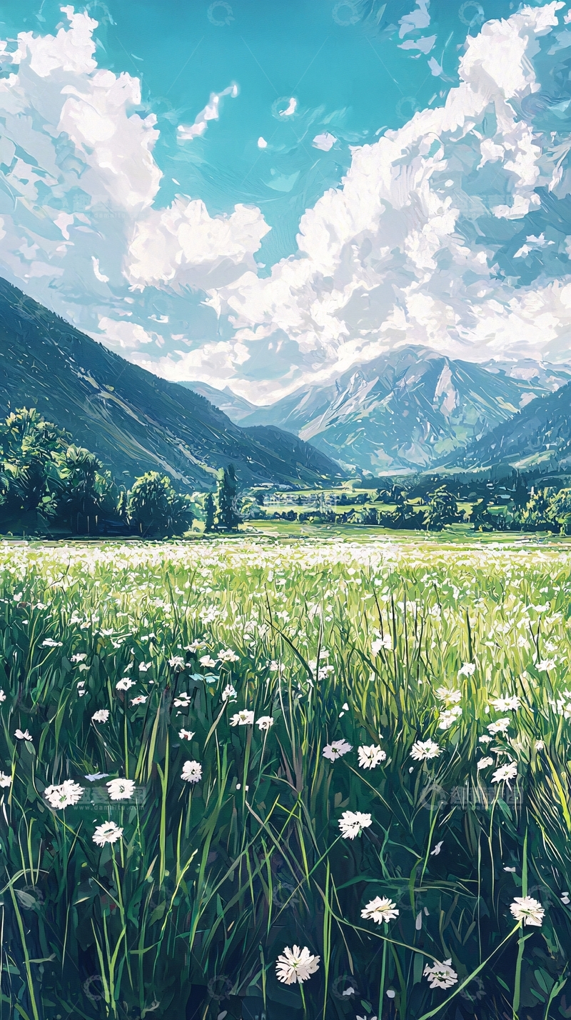 高清大图下载【趣麦麦图】山间野花盛开的绿地