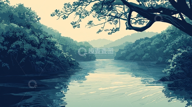 高清大图下载【趣麦麦图】静谧蓝调山水画