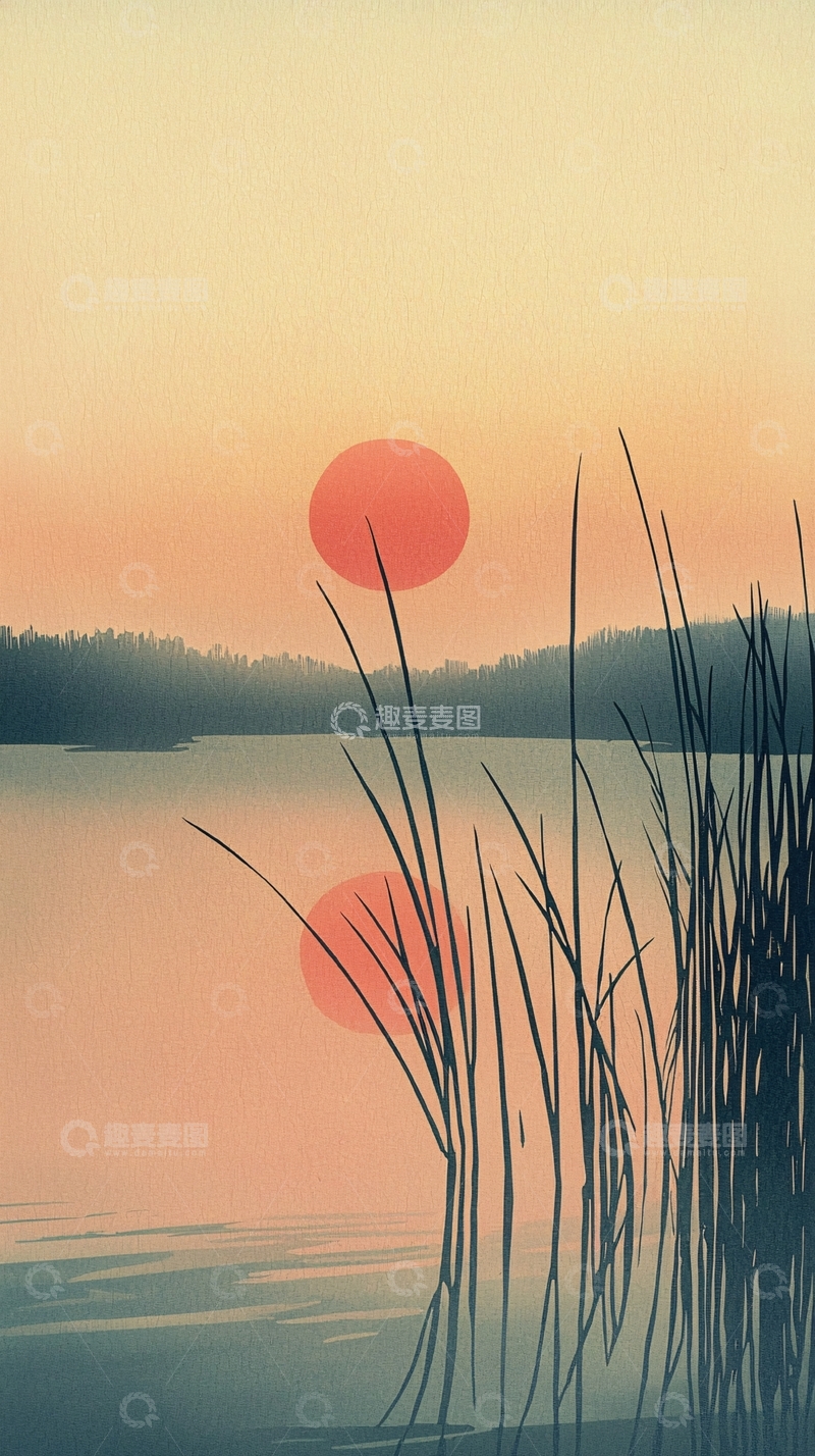 高清大图下载【趣麦麦图】日落湖景芦苇剪影
