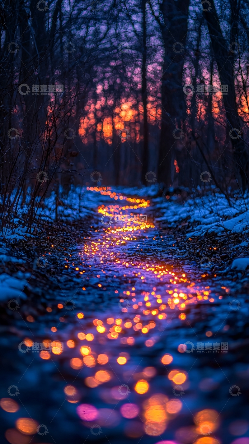 高清大图下载【趣麦麦图】夜幕下森林小路灯光闪烁