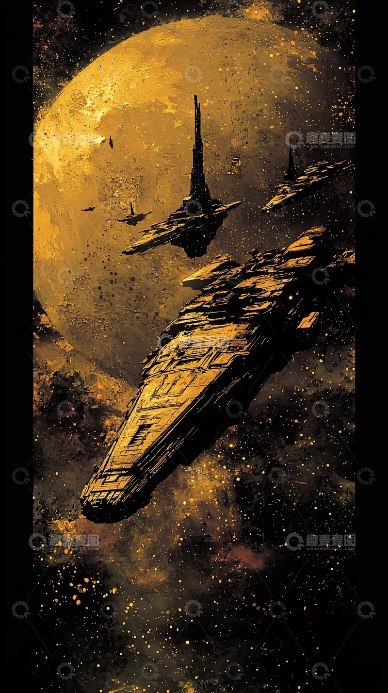 高清大图下载【趣麦麦图】星际飞船编队驶向金色星球