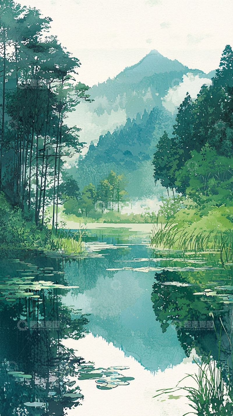 高清大图下载【趣麦麦图】宁静山林湖泊倒影