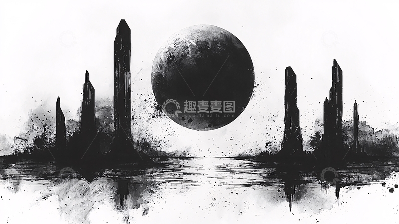 高清大图下载【趣麦麦图】黑白水墨风景观剪影