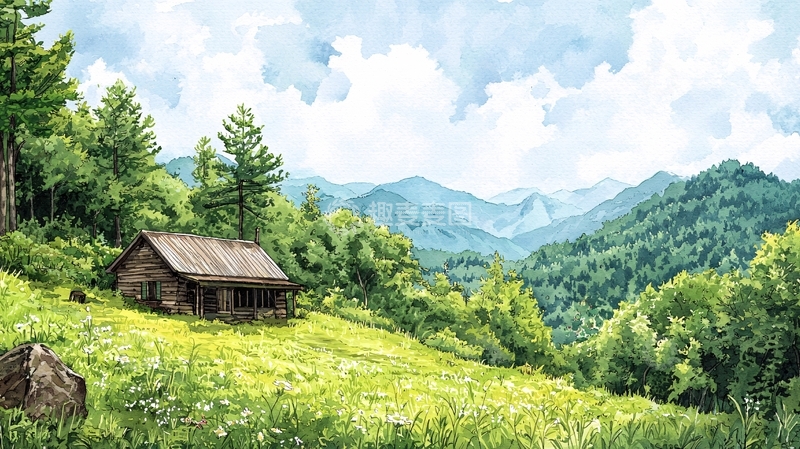 高清大图下载【趣麦麦图】山间木屋风景画
