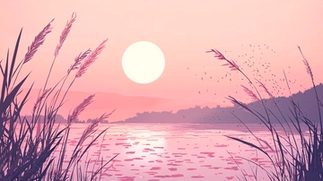 粉红色日落湖边芦苇