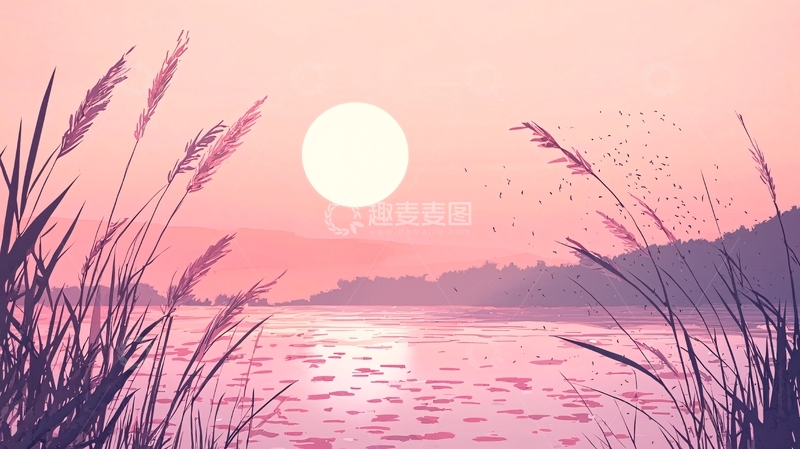 高清大图下载【趣麦麦图】粉红色日落湖边芦苇