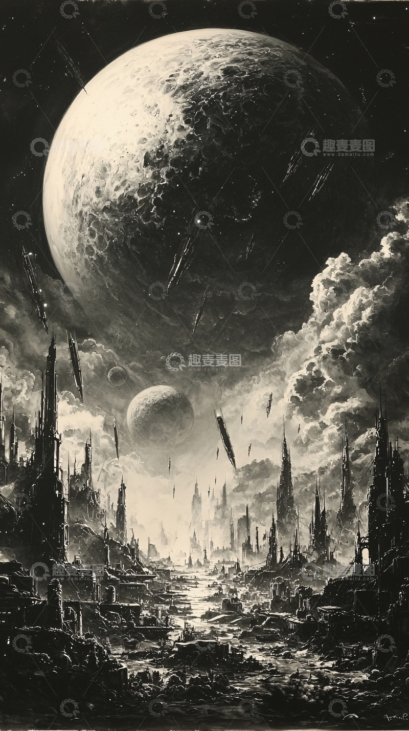 高清大图下载【趣麦麦图】黑白星球废墟城市