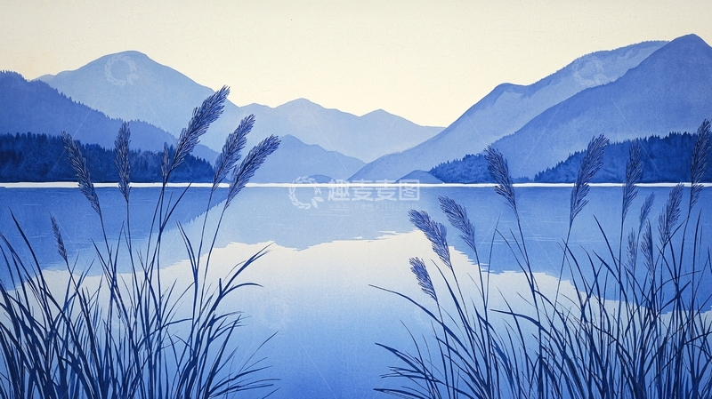 高清大图下载【趣麦麦图】蓝色湖泊山脉风景画