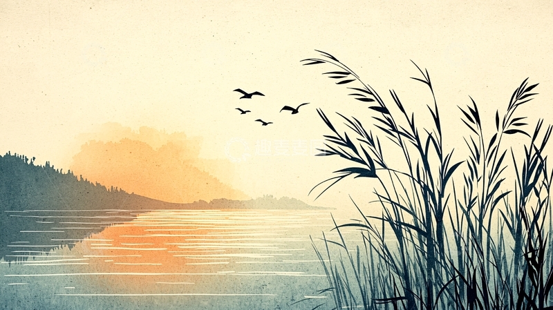 高清大图下载【趣麦麦图】日落湖边芦苇水墨画