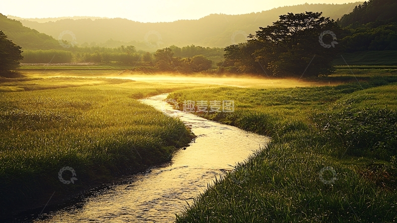 高清大图下载【趣麦麦图】清晨阳光下的蜿蜒小溪