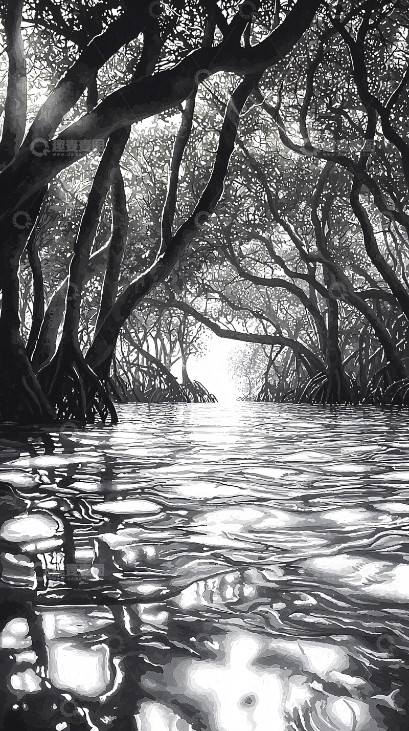高清大图下载【趣麦麦图】黑白水面倒影树林景色