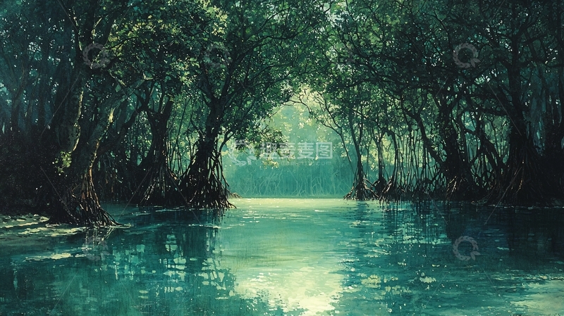 高清大图下载【趣麦麦图】幽静翠绿的河道树林