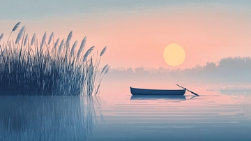 清晨湖面小船日出