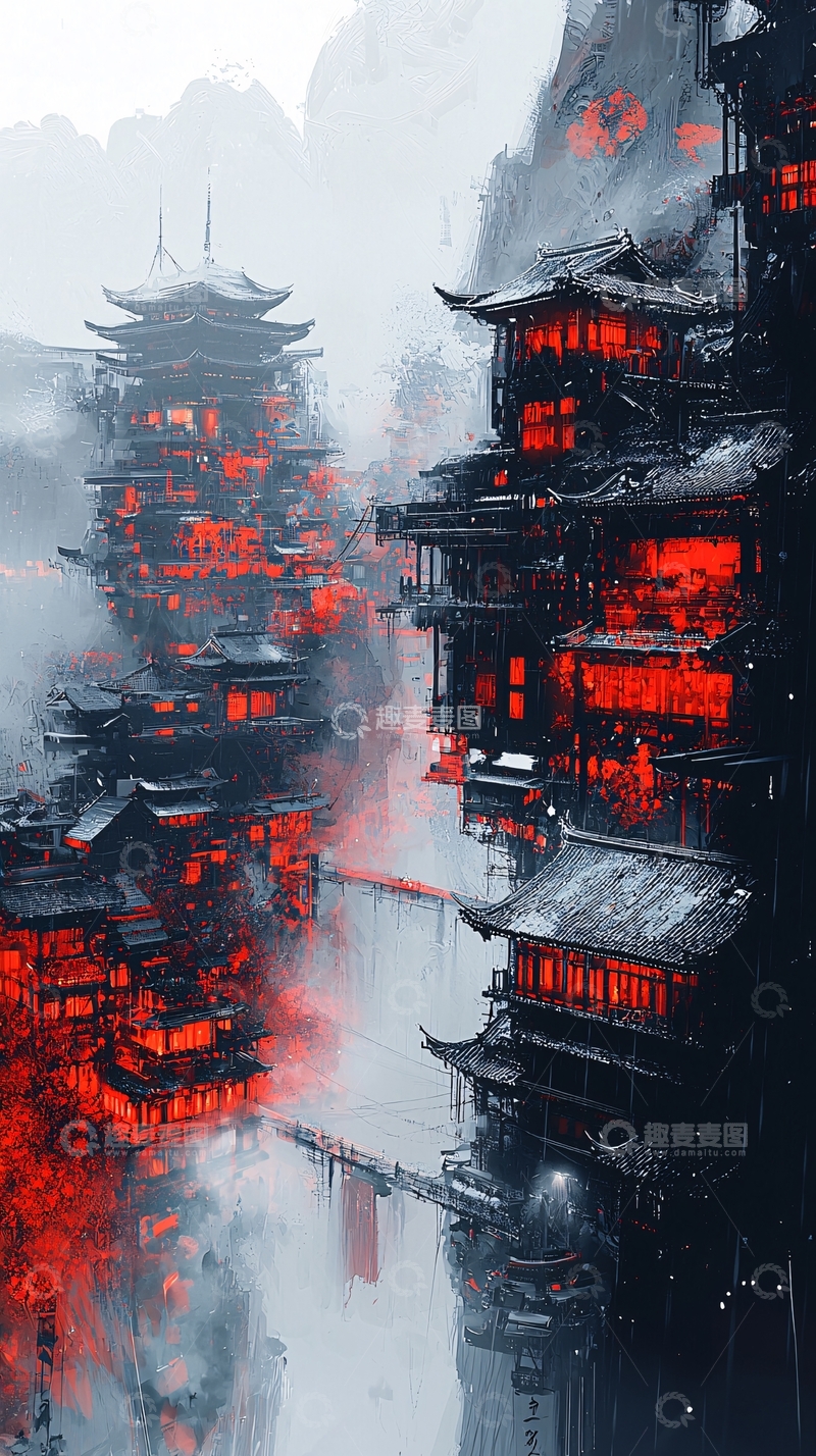 高清大图下载【趣麦麦图】悬崖上的红色中式建筑