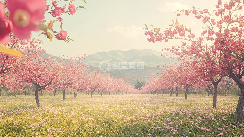 高清大图下载【趣麦麦图】粉色桃花盛开的山间田园