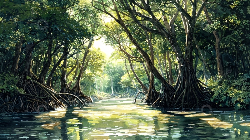 高清大图下载【趣麦麦图】阳光透过树林照射在河面上