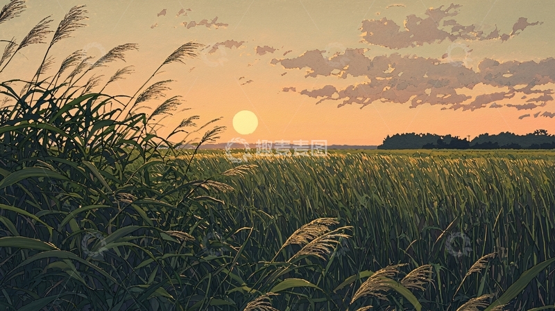 高清大图下载【趣麦麦图】夕阳下芦苇荡日落