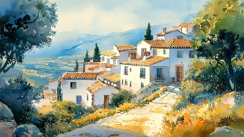 高清大图下载【趣麦麦图】山间白色房屋水彩画