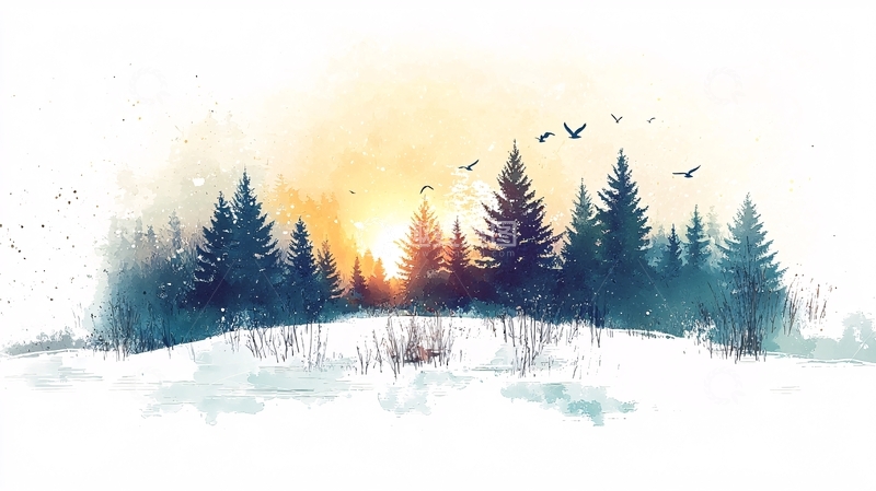 高清大图下载【趣麦麦图】水彩夕阳森林
