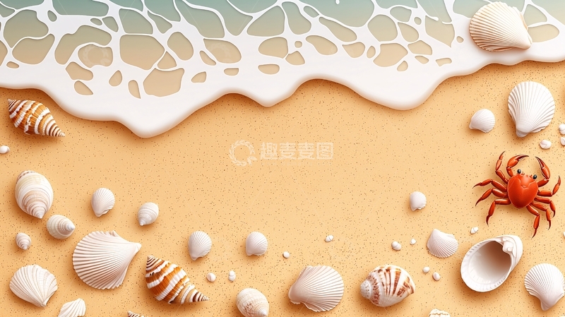 高清大图下载【趣麦麦图】海浪沙滩贝壳螃蟹