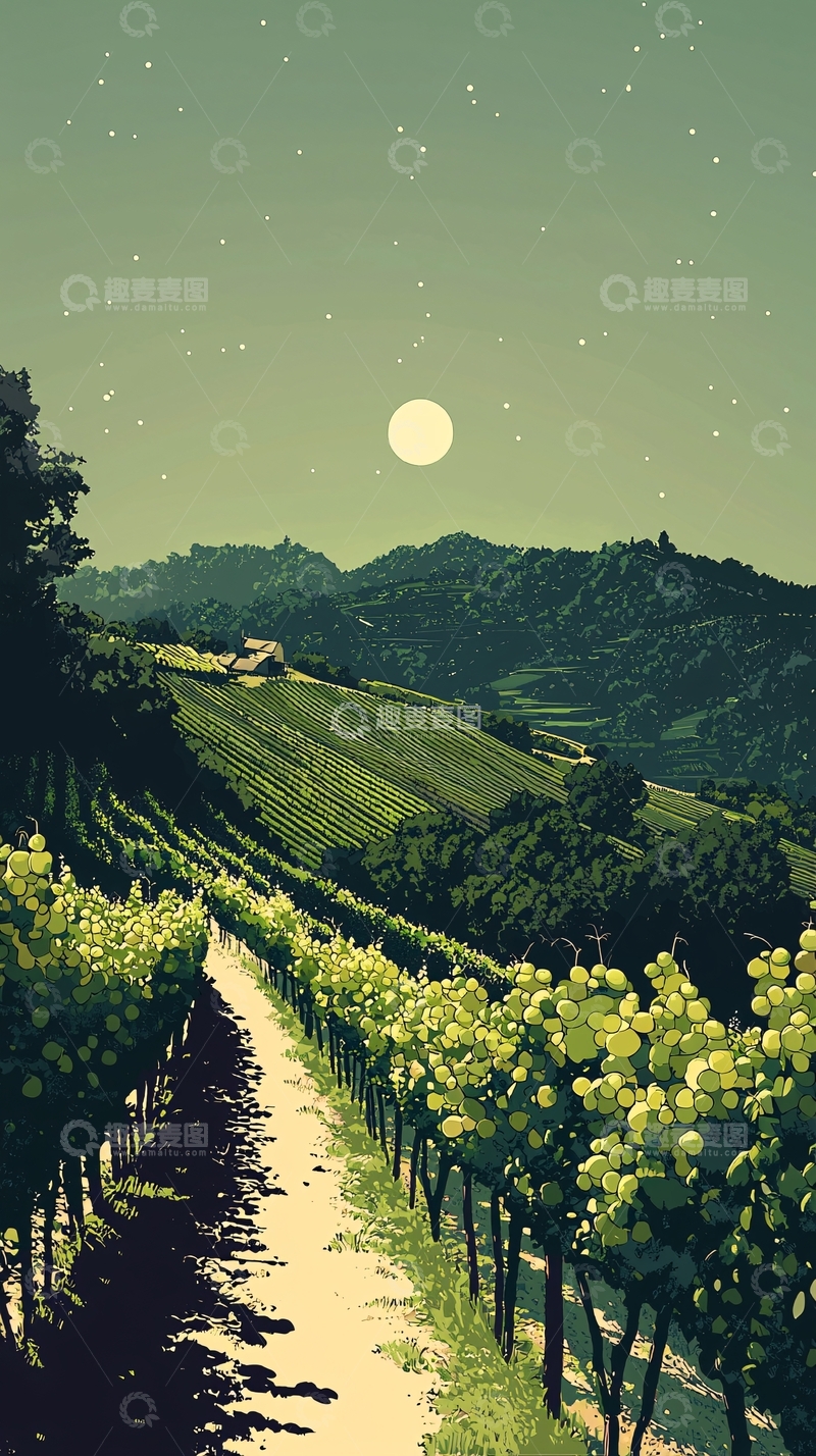 高清大图下载【趣麦麦图】月光下的葡萄园小路