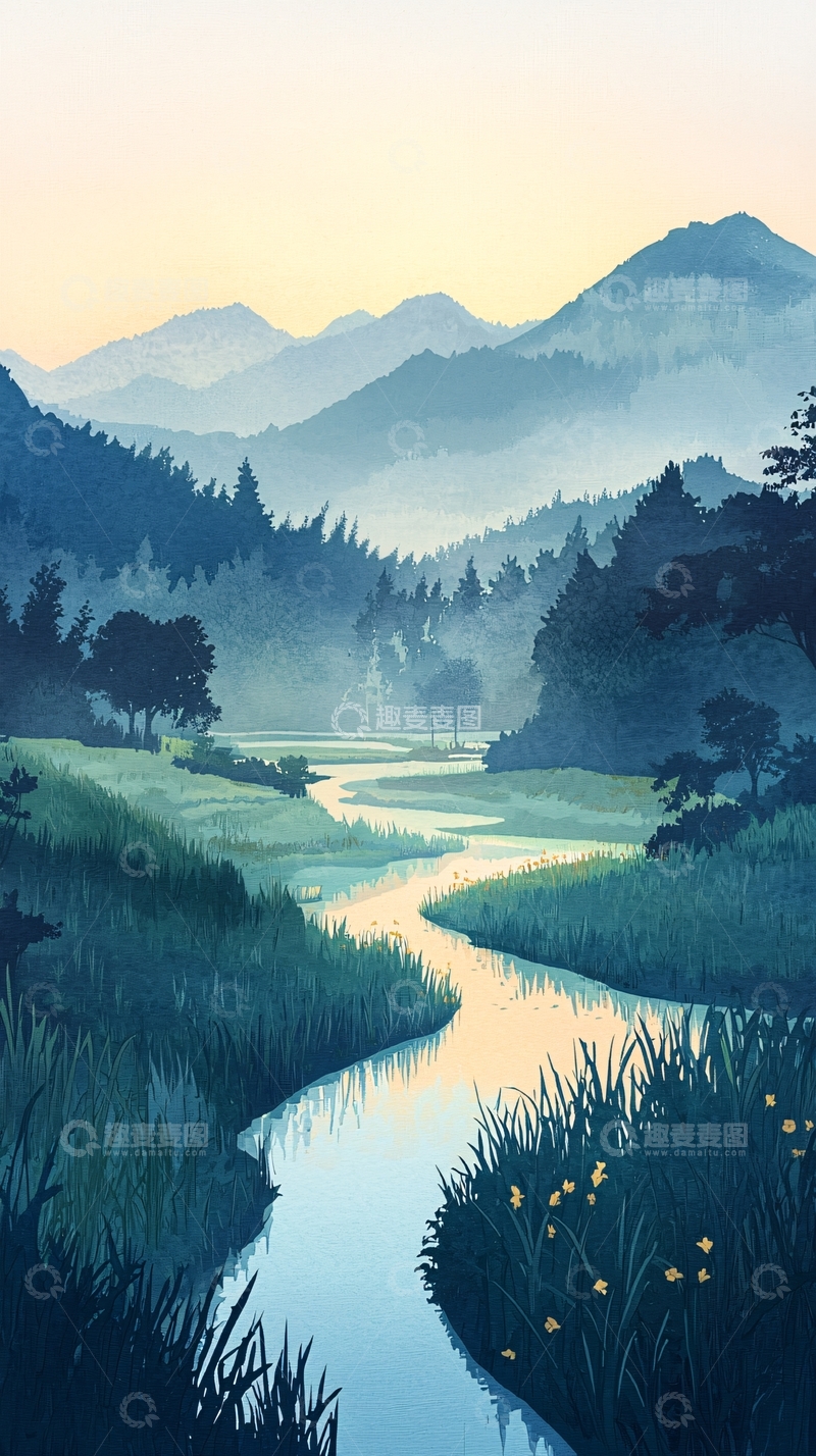 高清大图下载【趣麦麦图】清晨山谷河流景色