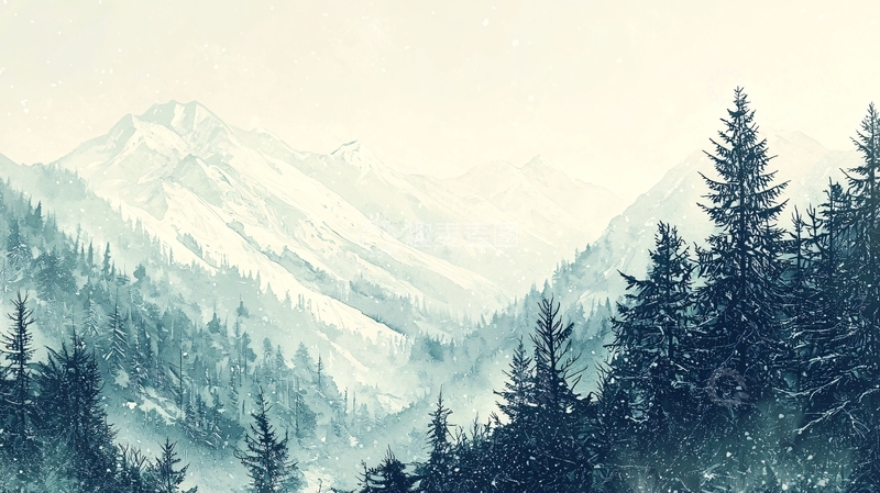 高清大图下载【趣麦麦图】雪山松林水彩画
