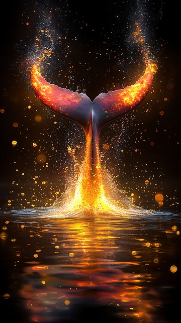 火焰鲸鱼尾巴在水面跃起