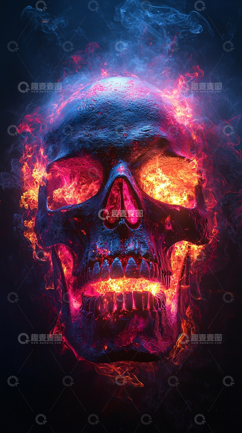 高清大图下载【趣麦麦图】燃烧的彩色骷髅头