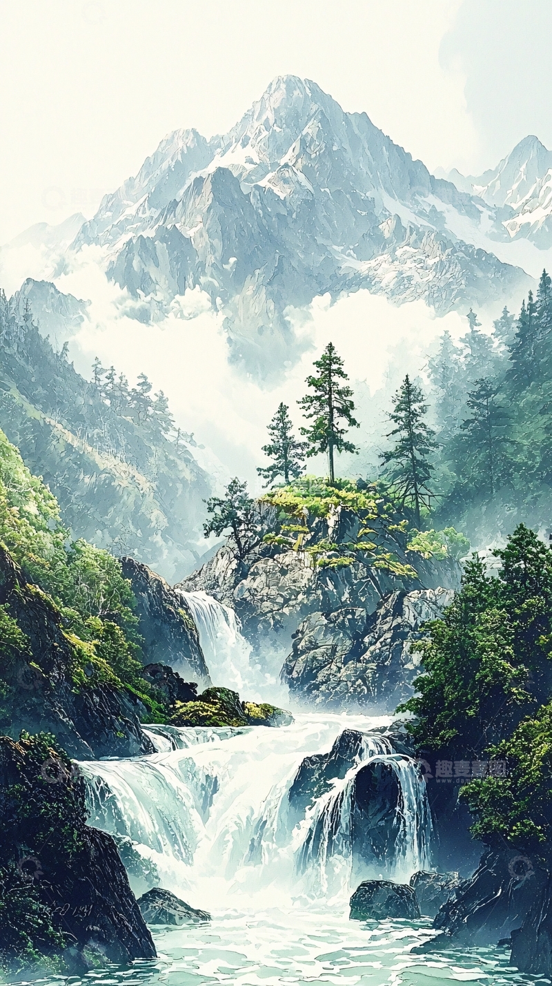 高清大图下载【趣麦麦图】雪山瀑布森林风景