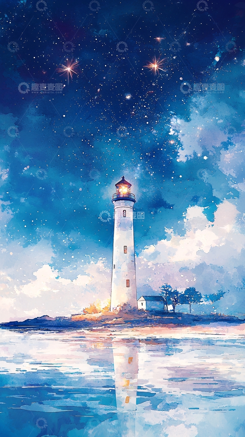 高清大图下载【趣麦麦图】星空下灯塔