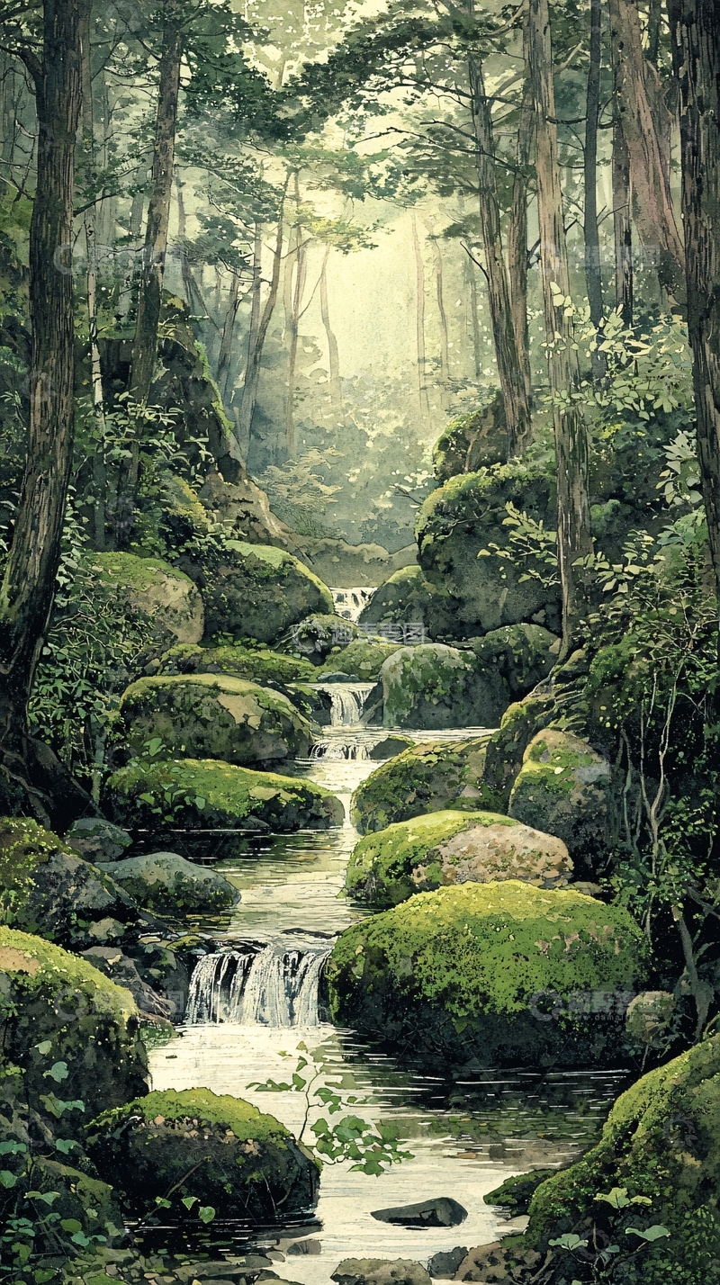 高清大图下载【趣麦麦图】茂密森林溪流瀑布