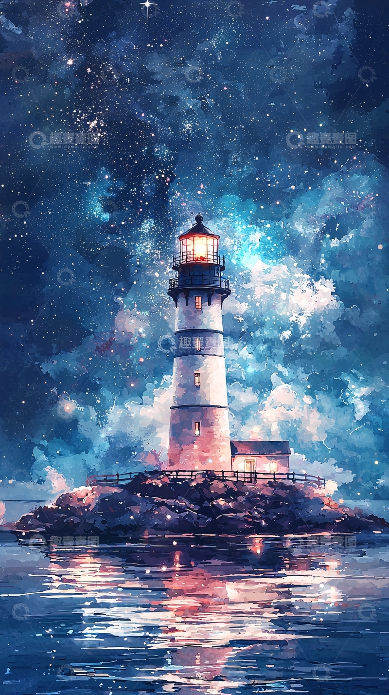 高清大图下载【趣麦麦图】星空下灯塔