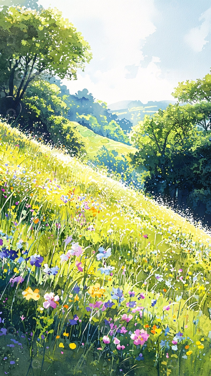 高清大图下载【趣麦麦图】阳光明媚的野花山坡