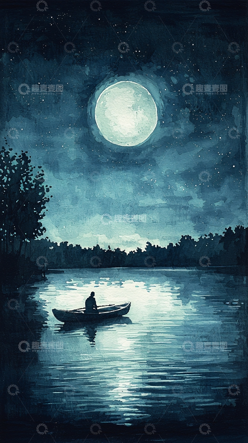 高清大图下载【趣麦麦图】月夜独舟
