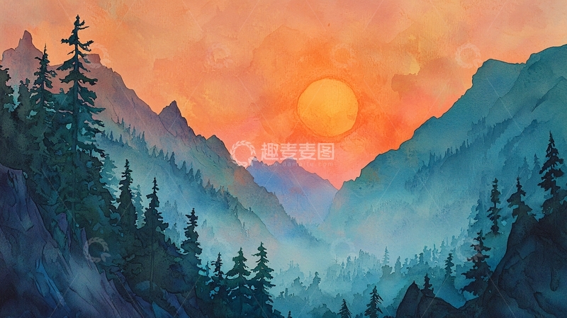高清大图下载【趣麦麦图】山峦日落水彩画