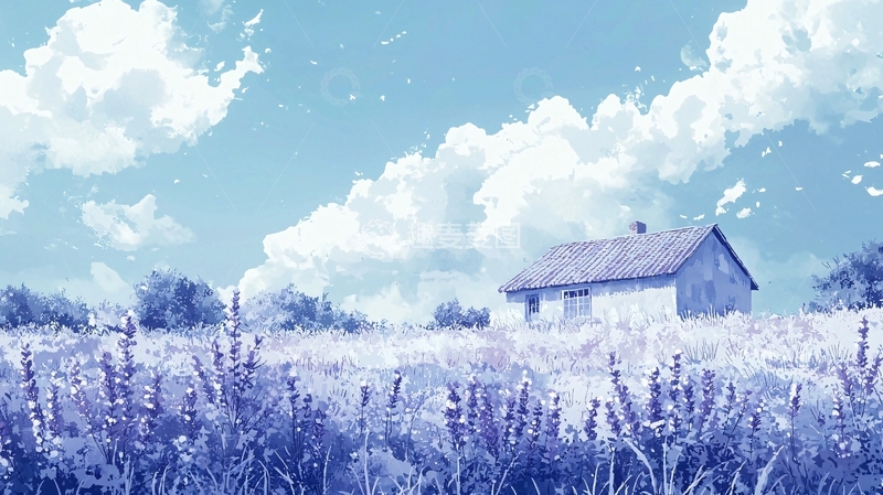 高清大图下载【趣麦麦图】蓝天白云下的紫色田野小屋