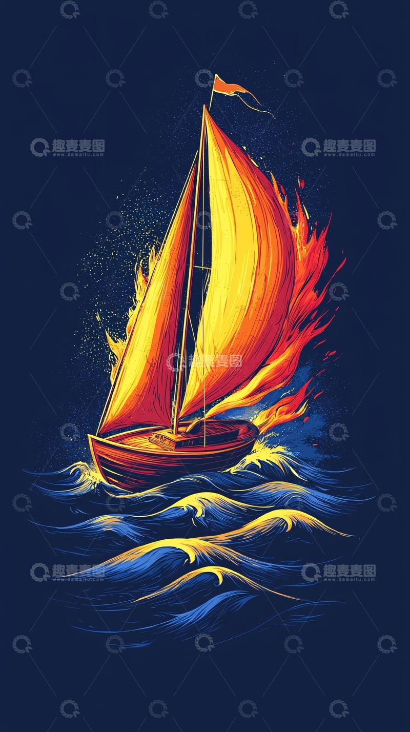 高清大图下载【趣麦麦图】燃烧的帆船在海上航行